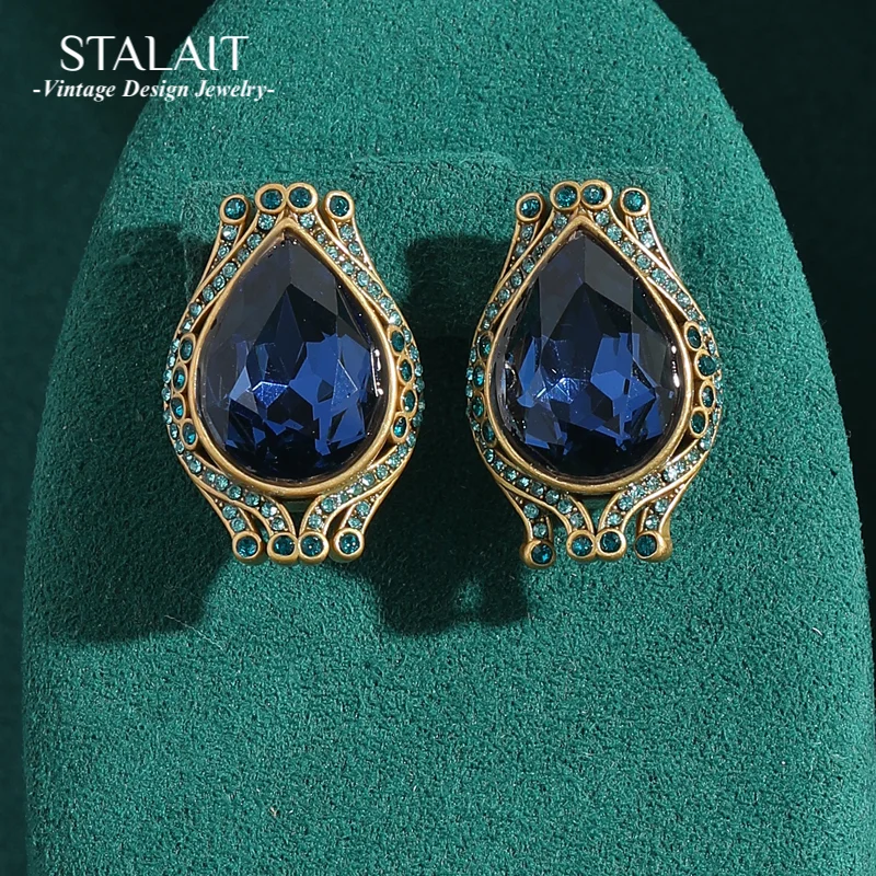 

Vintage Tulip Blue Earrings Zirconia Jewelry Woman Water Drop Retro Accessories Antique Gold Color Wedding Gift Luxury New 2025