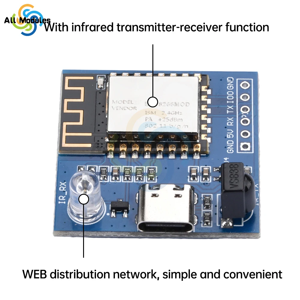 ESP8266 Infrared Emission And Reception NEC Command WIFI Transmission Module Development Board ESP-12F Module TYPE-C