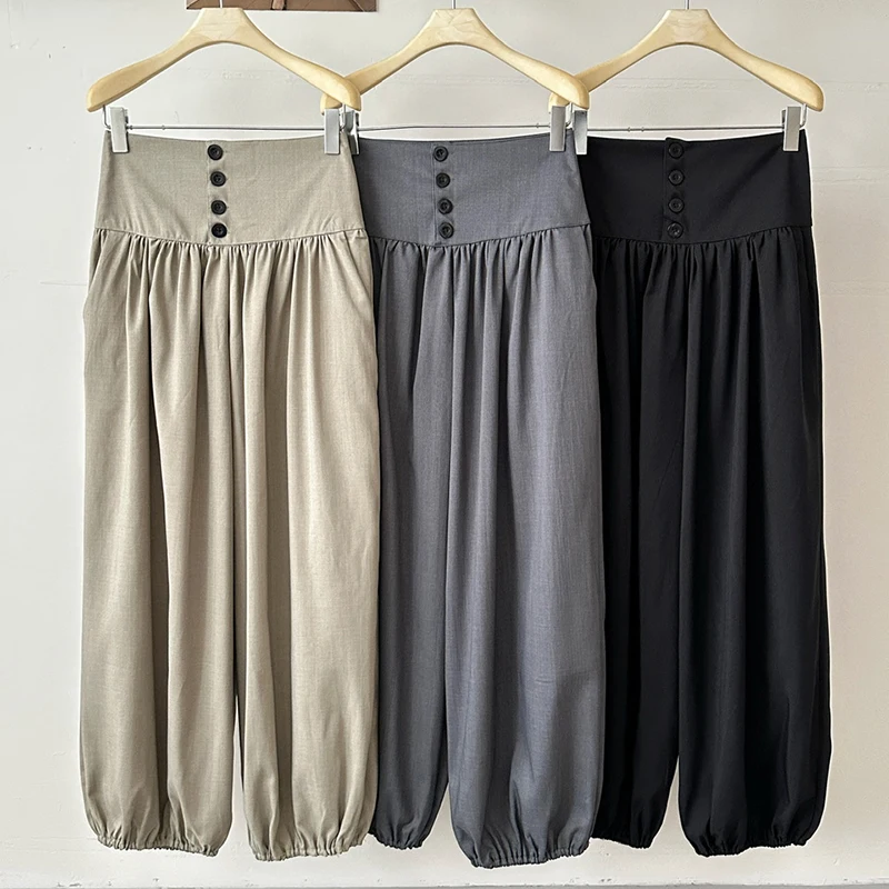 New High Waist Button-down Lantern Pants Stylish Office Ladies Loose Causal Trousers with Pockets Black Trousers Korean Fashion