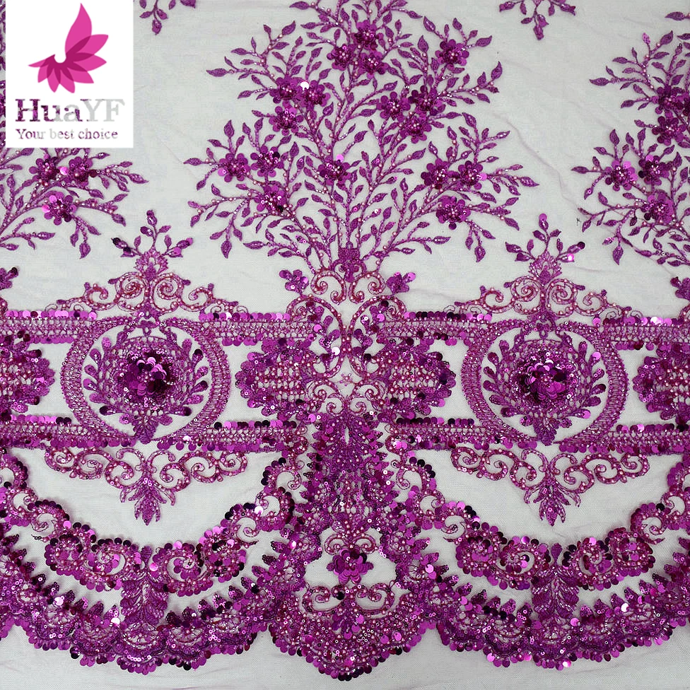 

1 Yard New Style Fushia Pink Bead Embroidery Evening Dress Ladies Lace Fabric HY2251