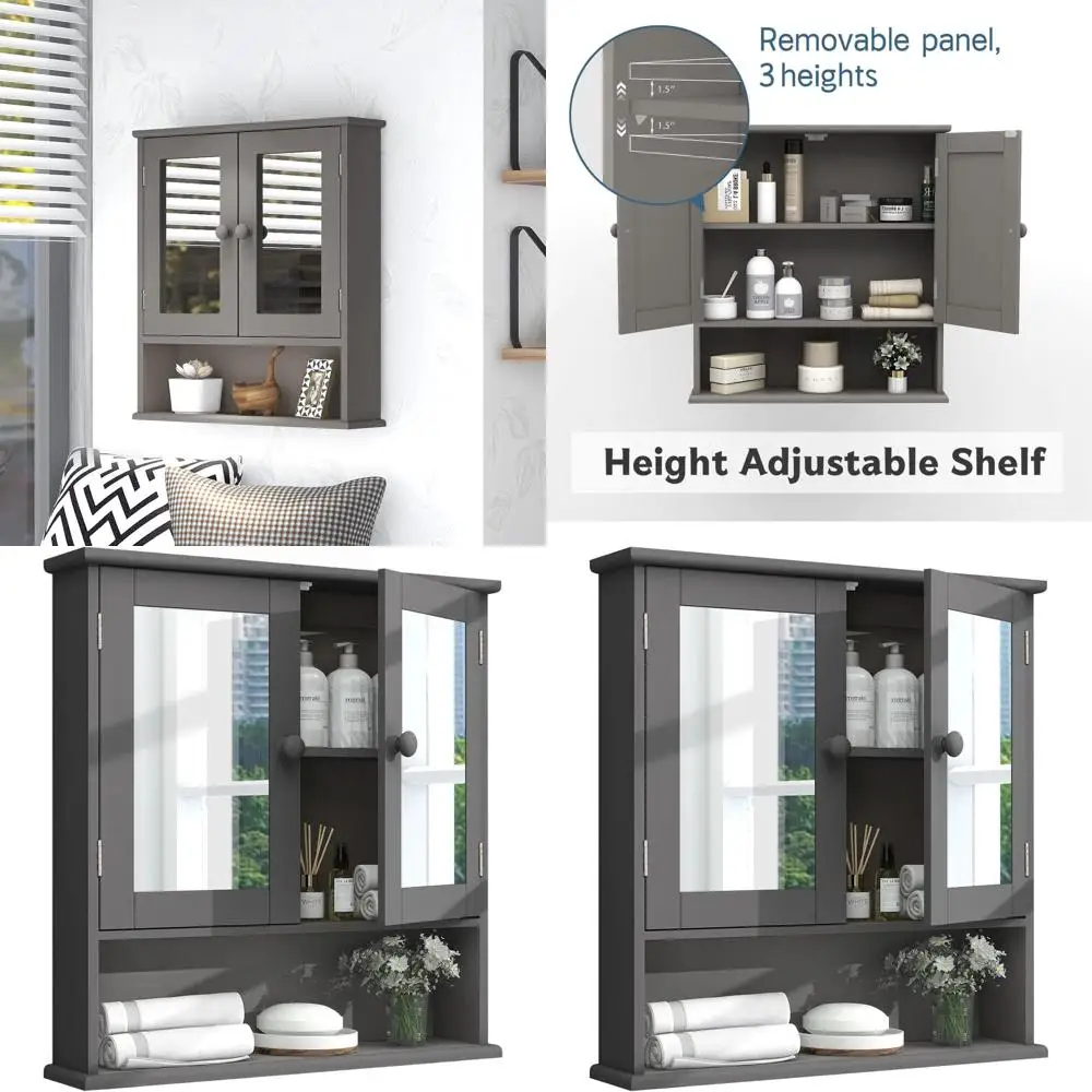 

Wall-Mounted Wooden Storage Cabinet with Mirror, 2 Doors & 3 Shelves for Bathroom, Laundry, or Kitchen