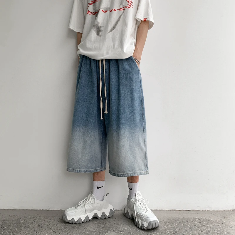 Pantalones vaqueros cortos para hombre, pantalón largo hasta la pantorrilla, cintura elástica, color negro/Azul, S-2XL