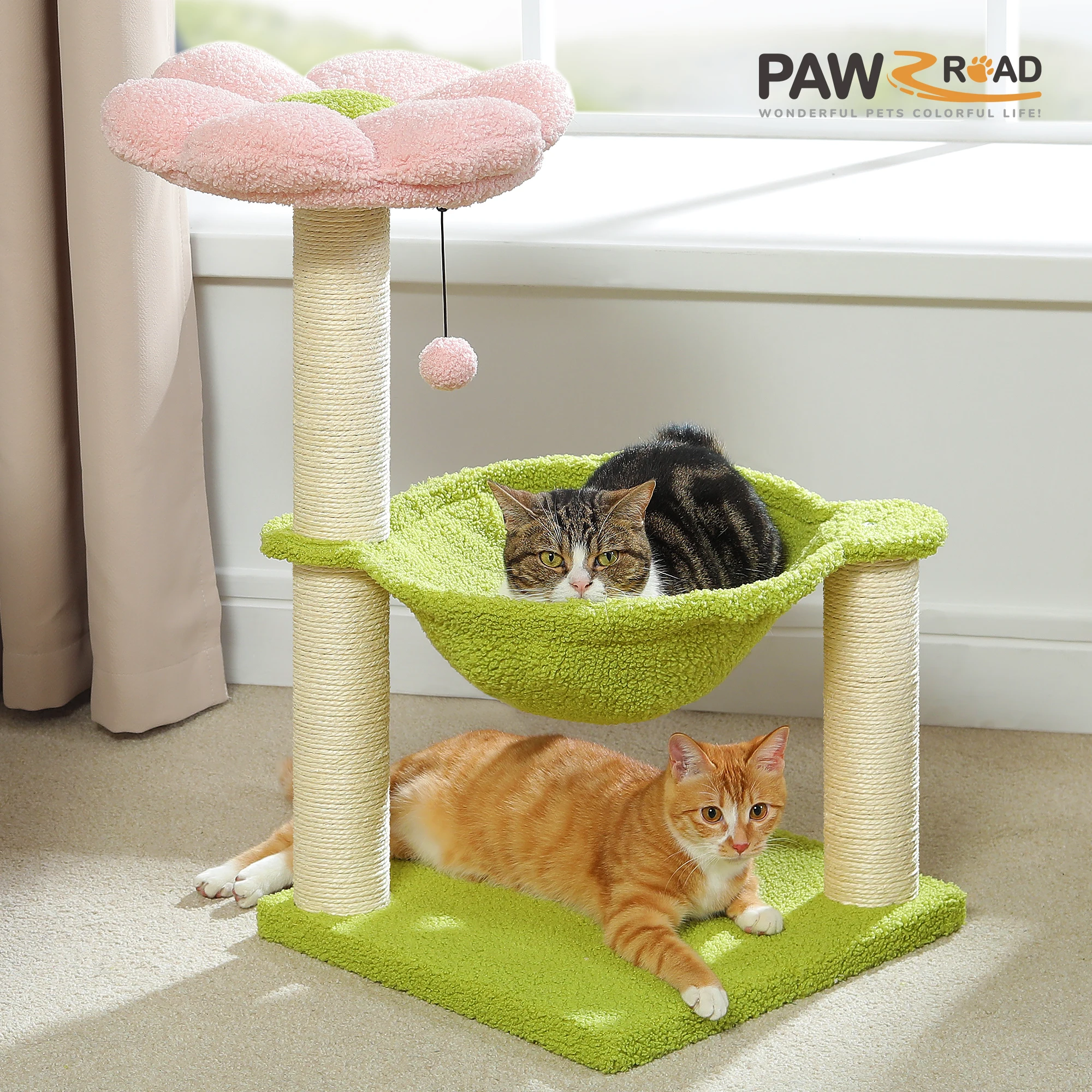 

Pink Flower Cat Tree with Large Soft Hammock,Natural Scratching Post,Replaceable Pompom,Thick Reinforced Base Suittable 1-2 Cats