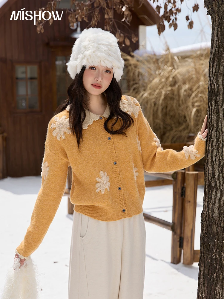 

MISHOW желтый жаккардовый кардиган в стиле ретро, женский 2022, осень-зима, ленивый стиль, свободный свитер с отложным воротником, офисный женский свитер MXE88Z2691