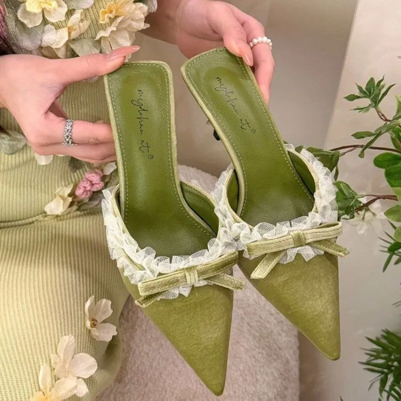 

Baotou High Heels Spring and Autumn French Lace Velvet Bow High Heel Half Slippers