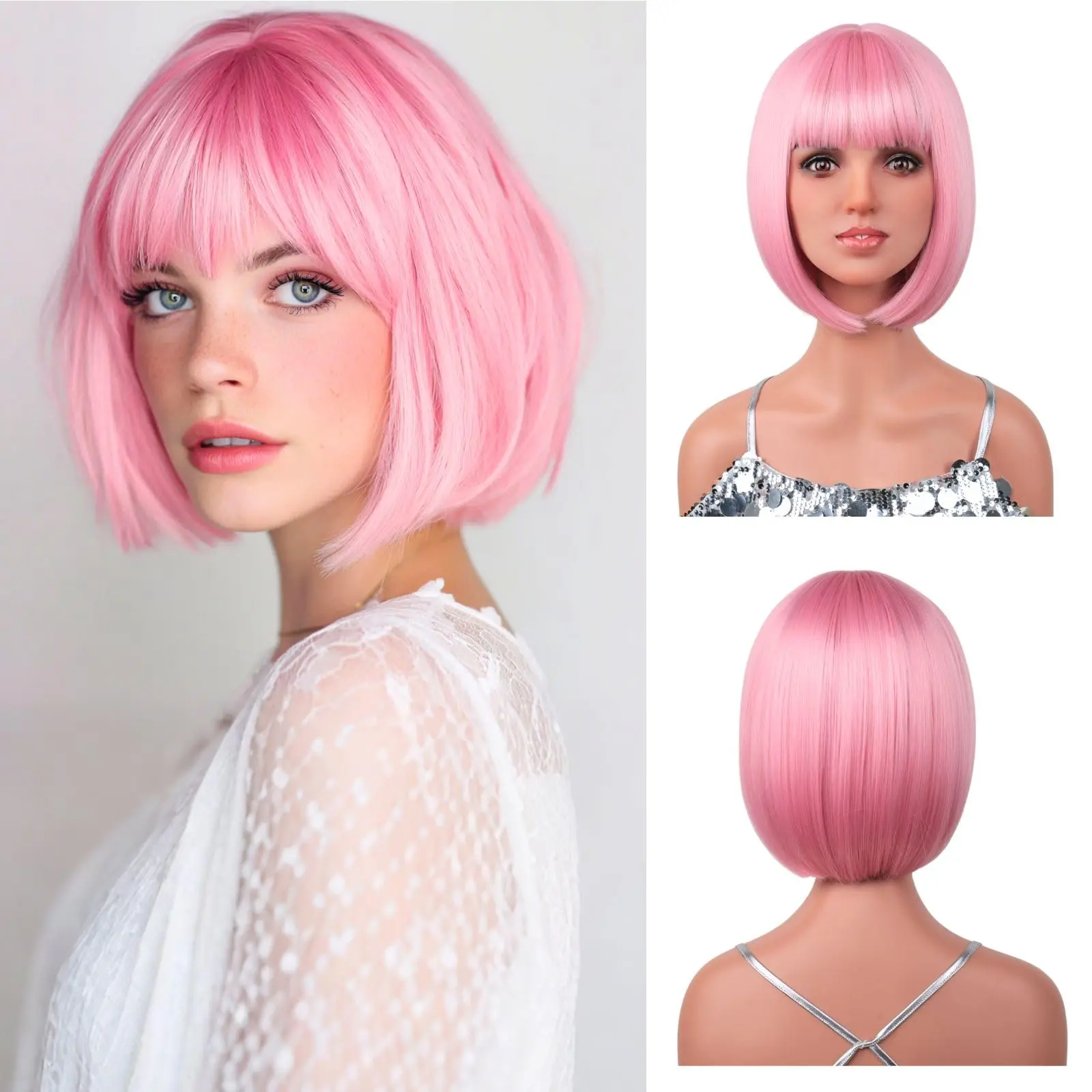 Short bob hairstyle, pink synthetic wig, Halloween party cosplay wig, daily high-temperature hair accessory wig set