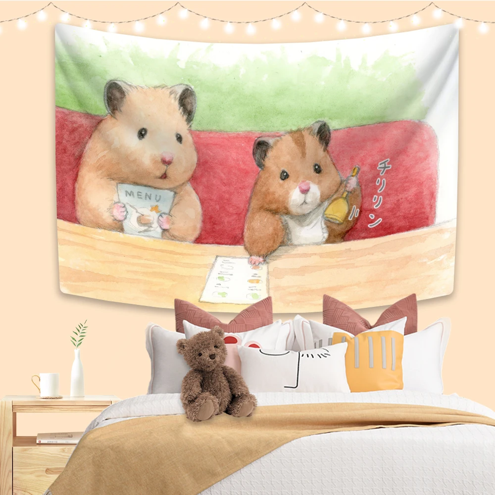 XxDeco Kawaii Hamster Anime Tapestry Cute Animal Printed Wall Hanging Home Decoration Dormitory Background Cloth Sofa Blanket