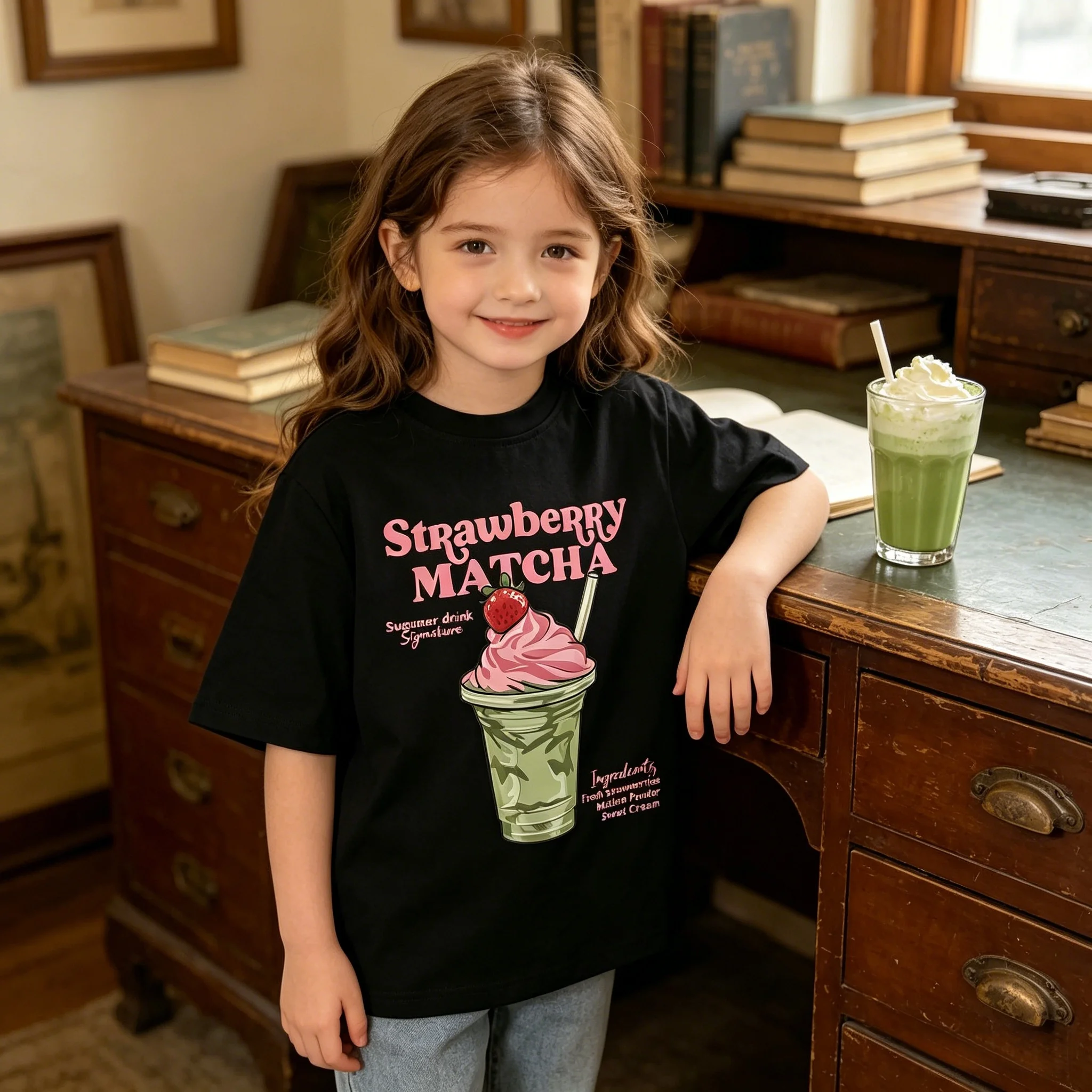 Strawberry Matcha Round Neck Loose Cotton T-Shirt Short Sleeve Machine Washable for Play Sports Outdoor Daily Wear All Season