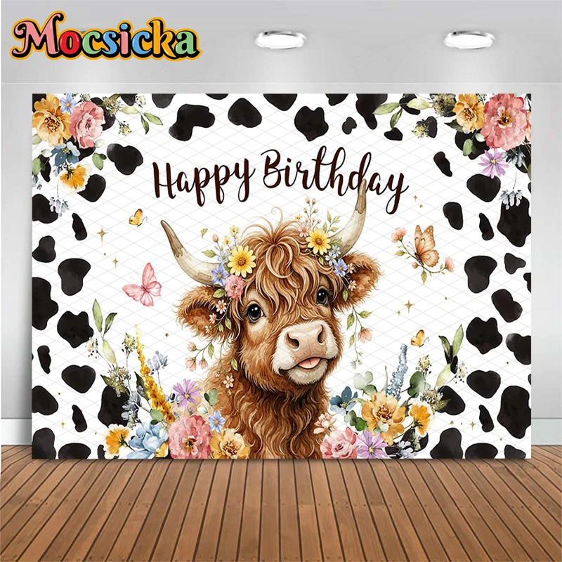 Mocsicka Happy Birthday Backdrop Boho Floral Photography Background Western Farm Cow Print Party Decorations Photo Booth Banner