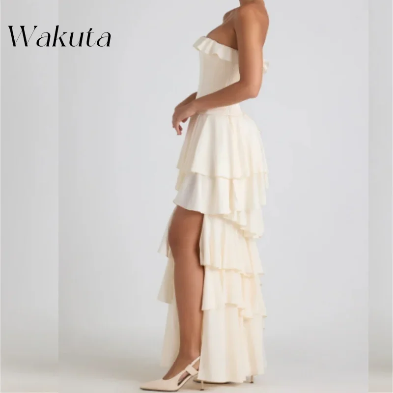 Wakuta French Sweetheart Off spalla abito in Chiffon Classic vita Fold Solid Tiered Dresses Youth Fishbone Vestidos De graduaciion