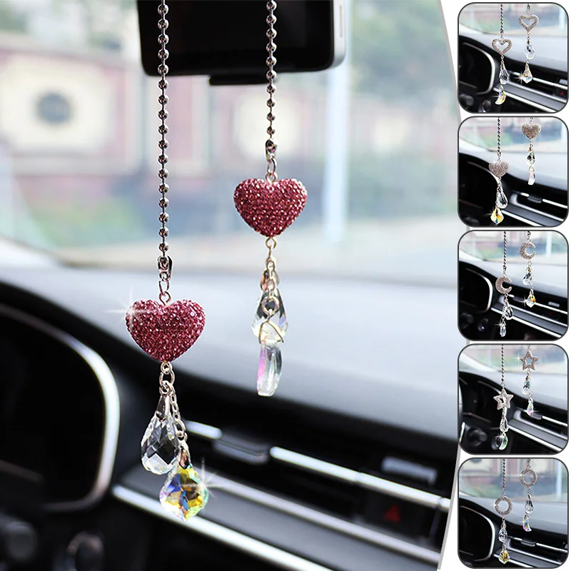 1pcs Car Hanging Ornament Pendant Bling Diamond Crystal Stars Moon Rearview Mirror Charms Auto Interior Styling Accessories Gift