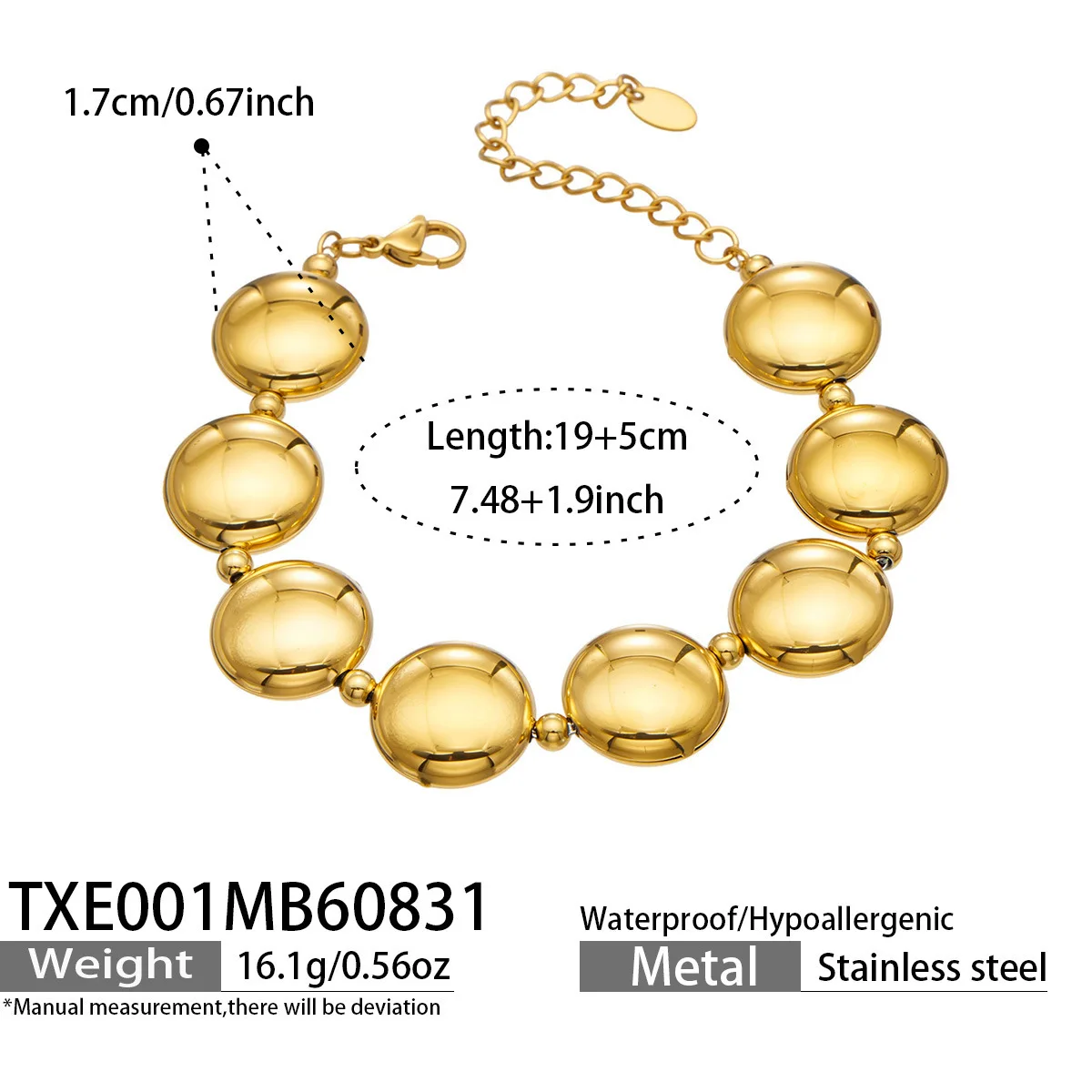 Chunky Runde Scheiben-Perlenkette und Armband, 18K Vergoldetes Edelstahl-Schmuckset für Damen – Detail 6