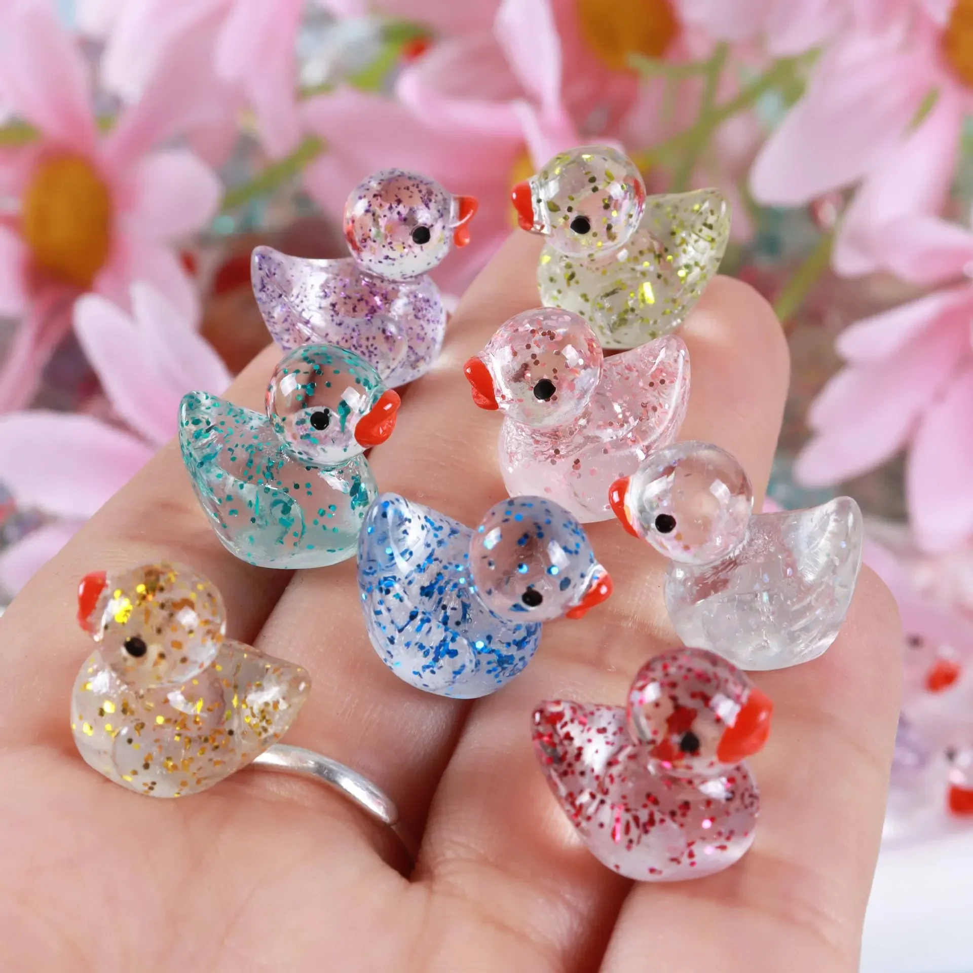 10PCS Mini Ducks Colourful Sequin Miniature Duck Resin Desk Decoration Cute Figurines Fairy Garden Accessories Desk Decoration