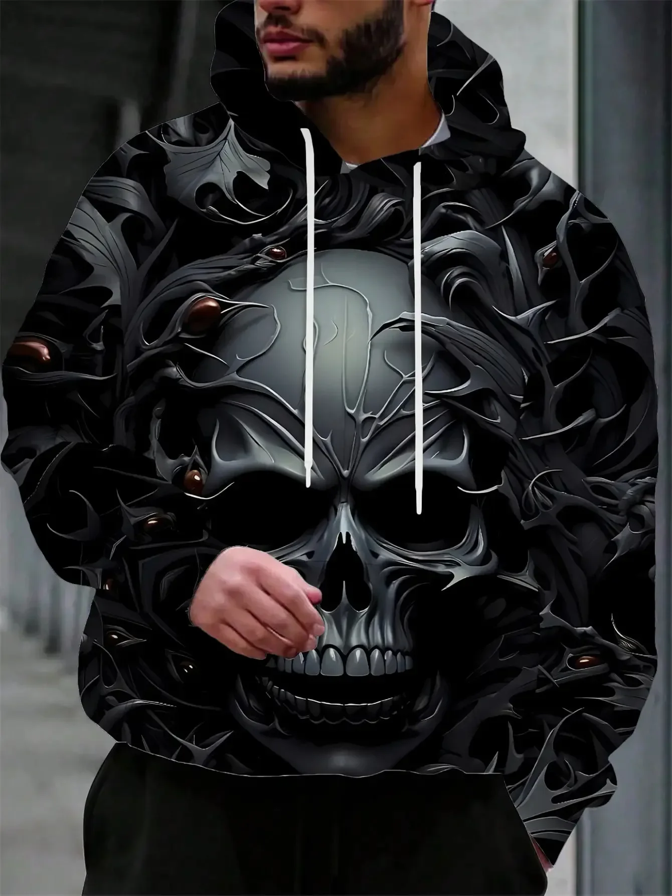 Men 3D All Over Print Baroque Vines Embossed Skull Hoodie Dark Gothic Tribal Pattern Loose Pullover Hooded Sweatshirt
