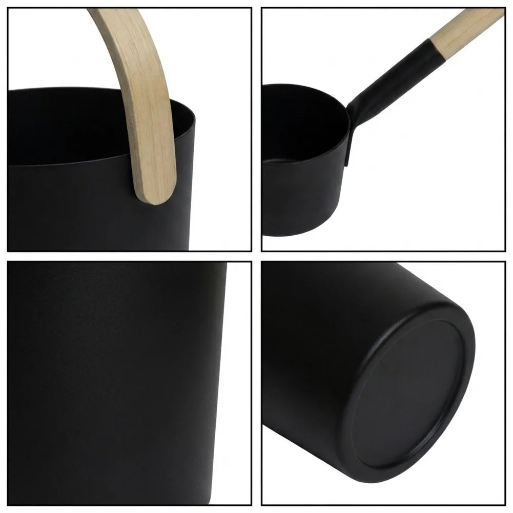 Wooden Handle Scoop Sauna Bucket Set For Relaxation Time Heat Resistant Aluminum Classic Black Finish Ergonomic Wooden Grip