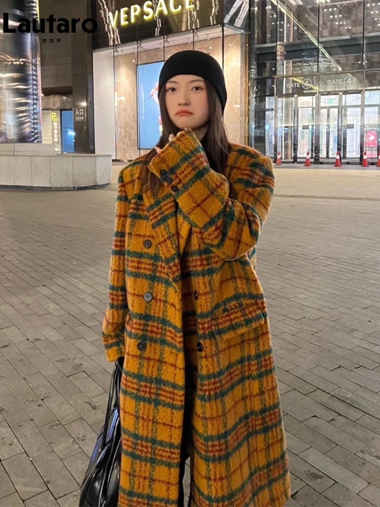 Lautaro Autumn Winter Long Loose Retro Colorful Plaid Woolen Trench Coat for Women Double Breasted Luxury Designer Clothes 2022