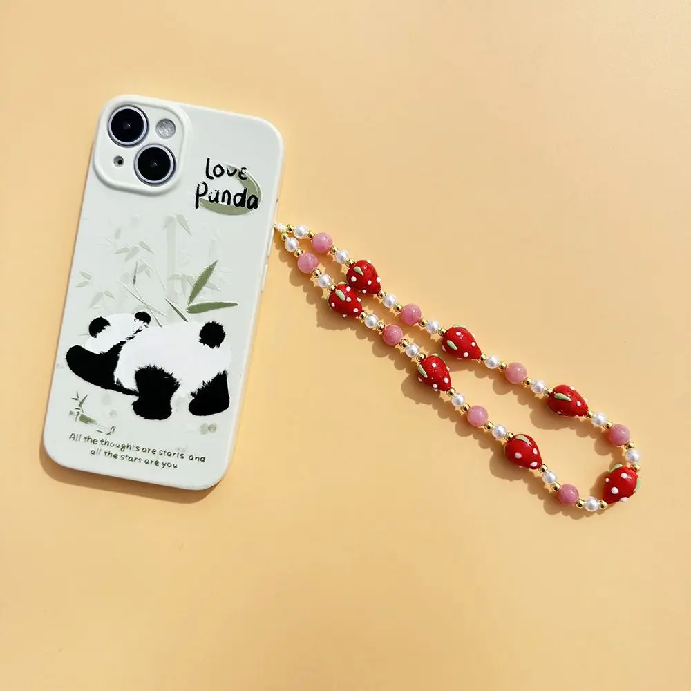 Pink Stone Strawberry Lanyard Phone Charm Telephone Pendant Mobile Phone Chain Keychain Sweet Cute Cellphone Straps Hanging Rope