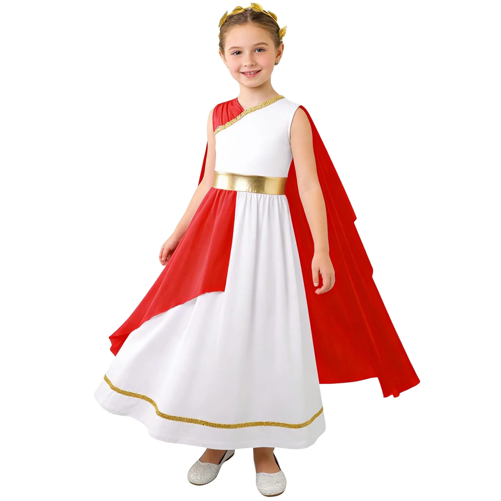 Kids Girls Halloween Greek Beauty Cosplay Costume Gold Leaves Garland Headwear Chiffon Cap Sleeve Ancient Toga Roleplay Dress
