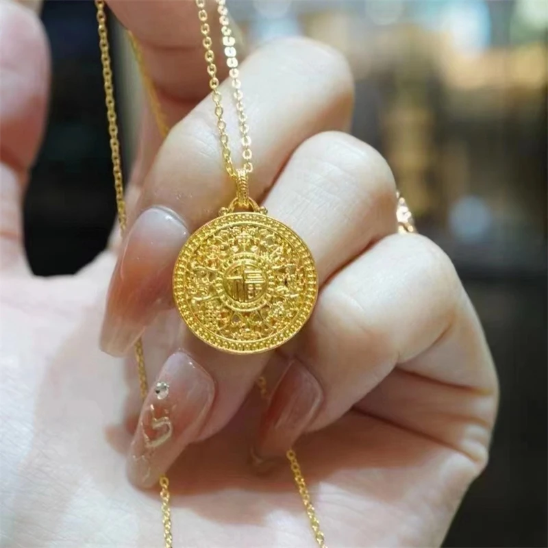 18K Gold Necklace Chinese Compass Pendant Round AU750 Yellow Gold Pendant Women's Fine Jewelry