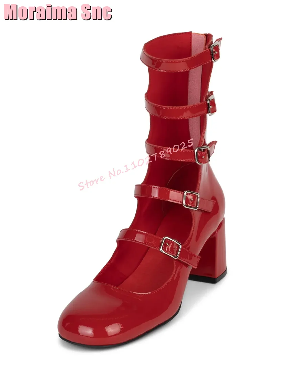 Fibbia per cintura Punta tonda Hollow Mary Janes Block Tacco grosso Cerniera posteriore Scarpe da donna in pelle verniciata Moda estiva Bianco Siolid Nuovo