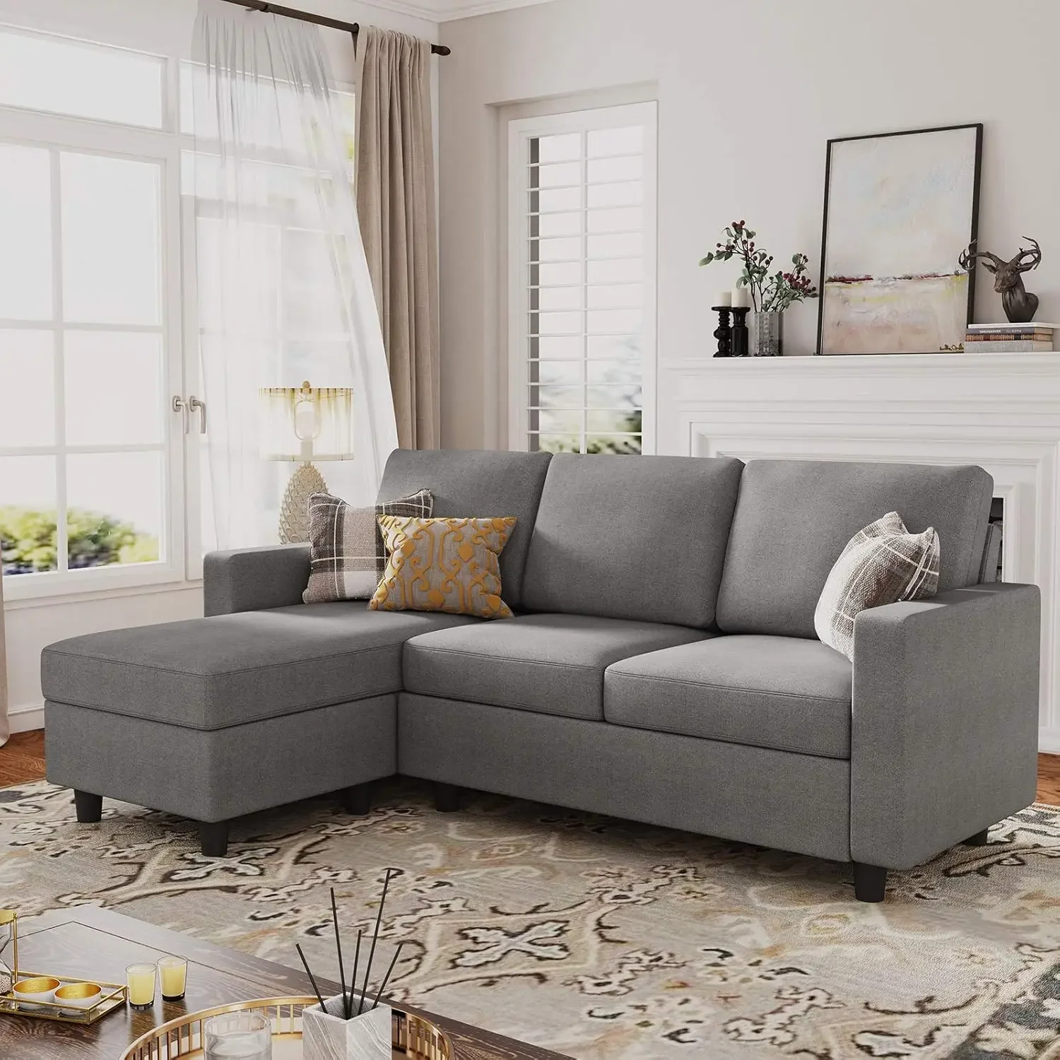 

HONBAY Convertible Sectional Sofa, Convertible L Shaped Couch with Reversible Chaise, Sectional Couch for Small Space