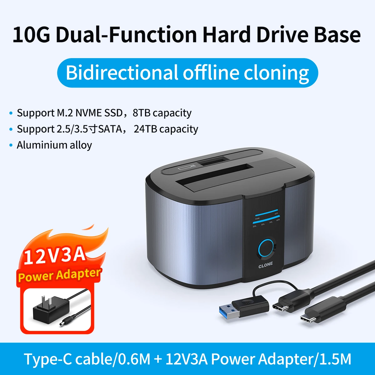 GODO Dual Bay 2.5/3.5inch M.2 NVMe/SATA SSD HDD Expansion Dock USB 3.2 Hard Drive Station Offline Cloning External Storage