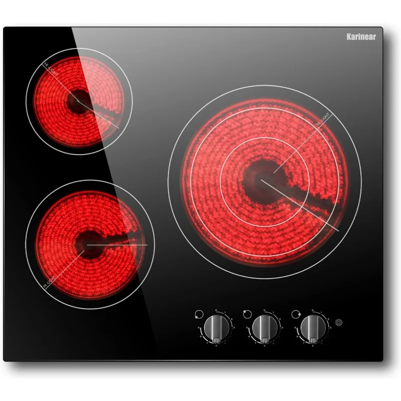 24'' Electric Cooktop 3 Burner Ceramic Cooktop, Built-in Electric Cooktop Top Knob Control, Heat Warning