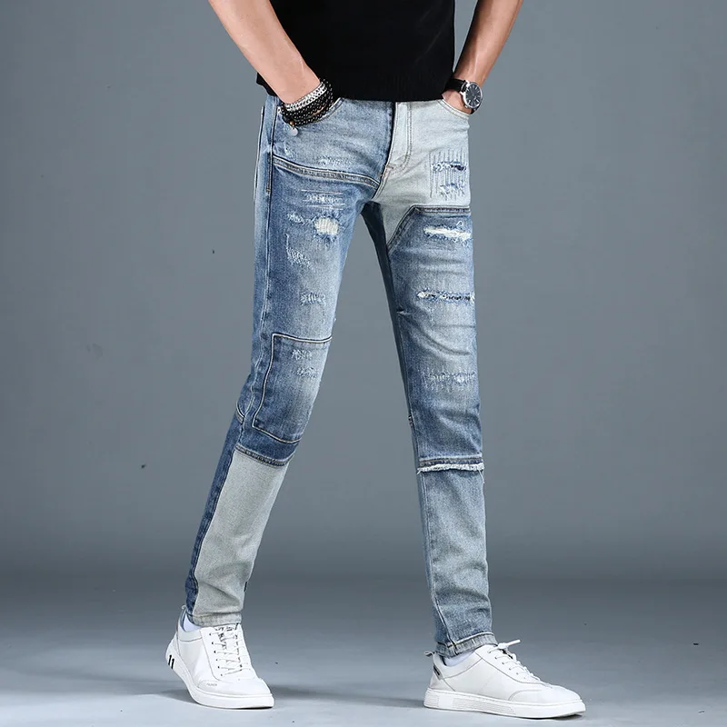 Street retro ripped jeans men\'s slim fit ankle-tied trendy Korean style stitching nostalgic washed casual long pants