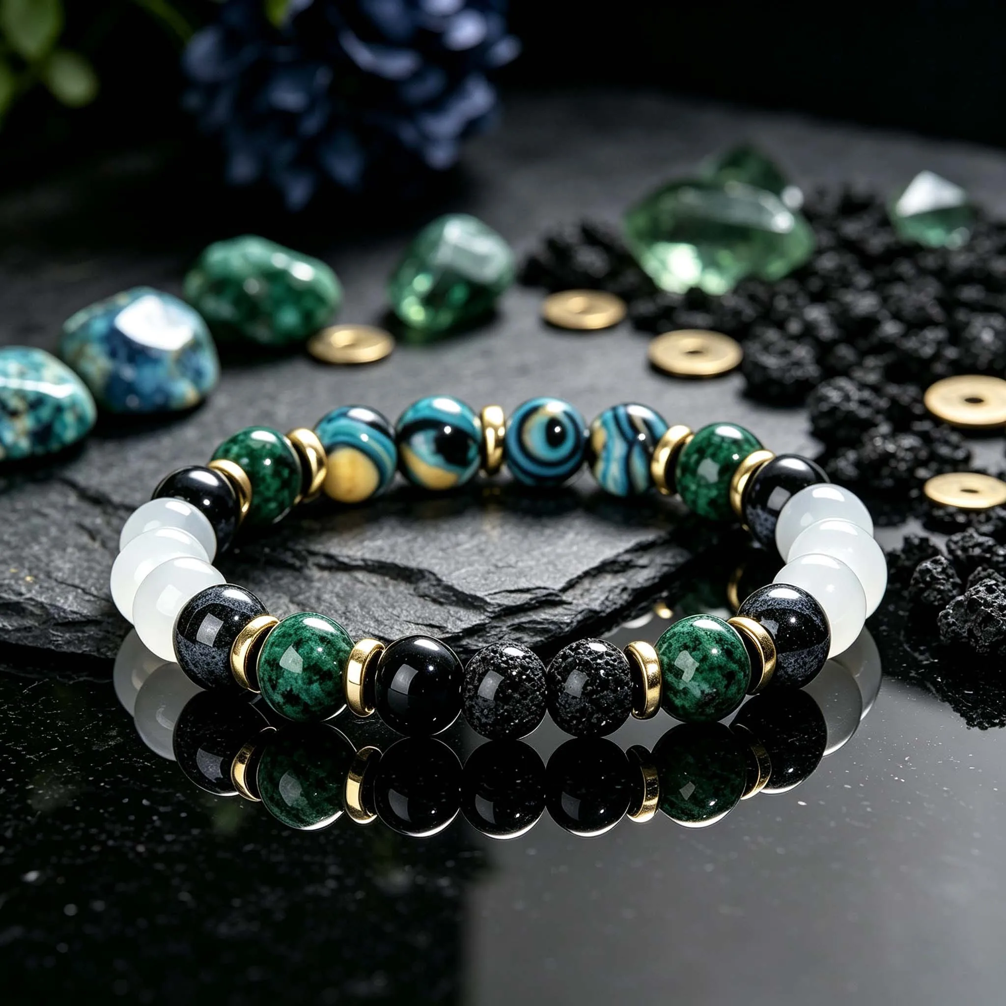 Peacock stone patchwork blue green black and white elastic bead bracelet,symbolizing the search for inner peace,unisex accessory