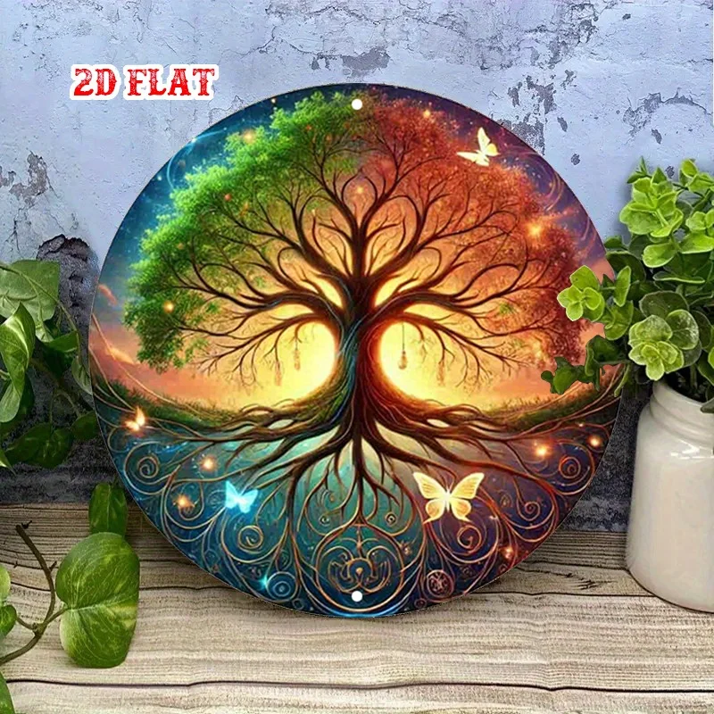 2D Flat, Round Metal Wall Art with Glowing Roots & Butterfly Accents, Garage, Cafe, Dining Room, Tree Decor, Home Art Piece