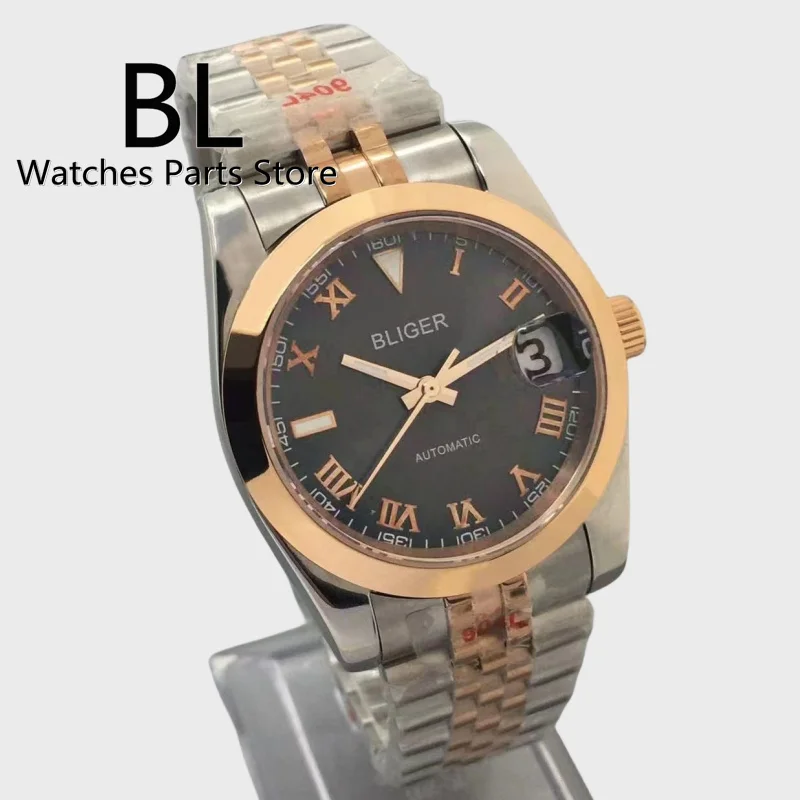 BLIGER Watch For Men NH35 36mm/39mm Two Tone Rose Gold Case Polished Bezel Sapphire Glass Gray Dial Rose Roman Index Waterproof