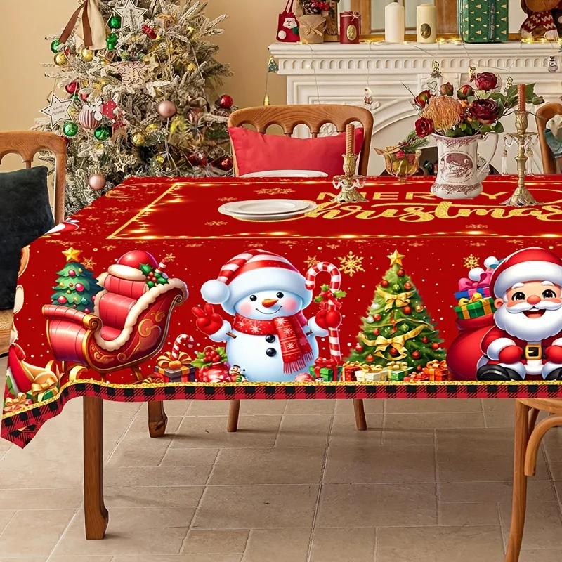 1pc  Merry Christmas Red Tablecloth Santa Snowman Xmas Tree Print Waterproof Dining Table Cover for Holiday Party Home Decor
