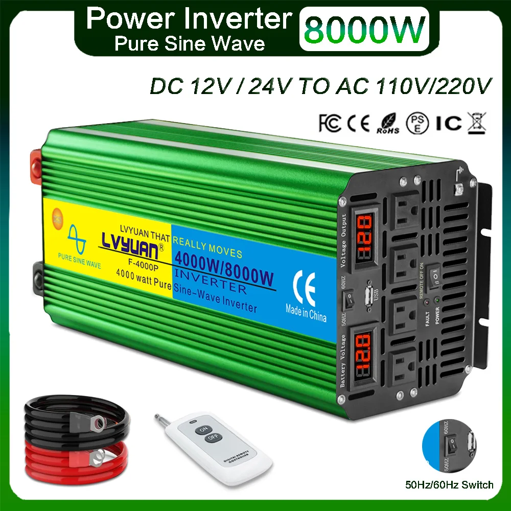 8000W Peak Power Inverter DC 12V/24V TO AC 110V/220v Pure Sine Wave Adapter Converter 50Hz-60Hz Dual LED Display US/EU Socket