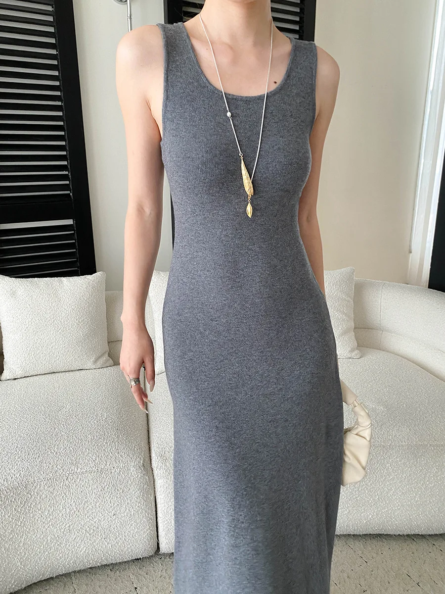 Frühlings- und Sommerkleid für Damen, einfarbig, modisch, im Pendlerstil, schmal geschnittenes Strickkleid – Detail 5