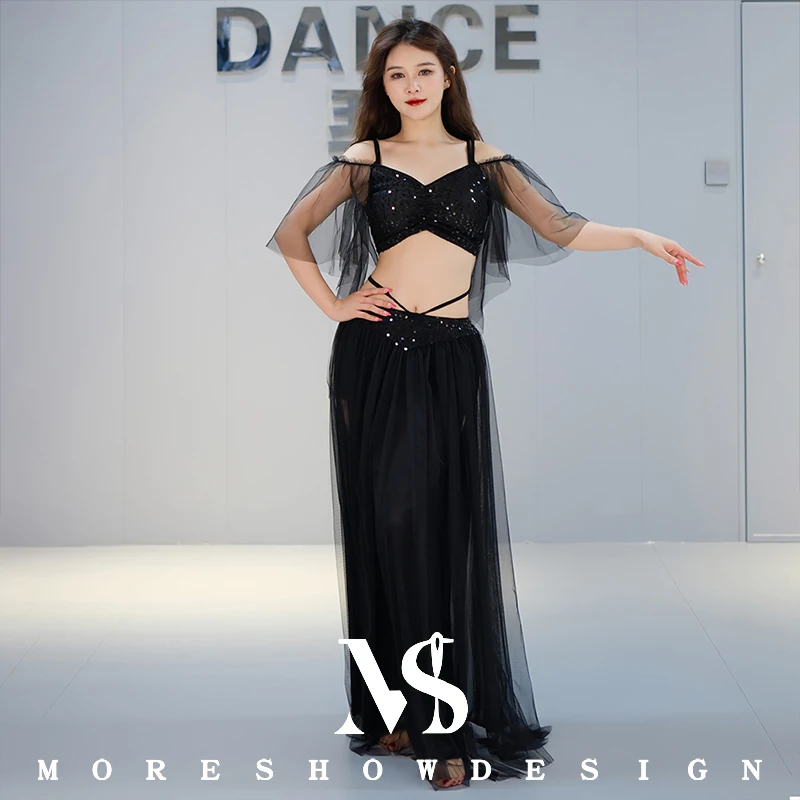 Buikdanskostuums voor vrouwen Top + rok 2-delige mesh rok Set danskleding Prestaties oefenkleding Dansoutfits Pak
