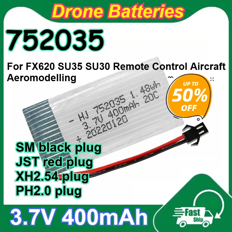 

2 Pcs-10 Pcs 752035 3.7V 400mAh Rechargeable Lipo Battery for FX620 SU35 SU30 Remote Control Aircraft Aeromodelling Batteries