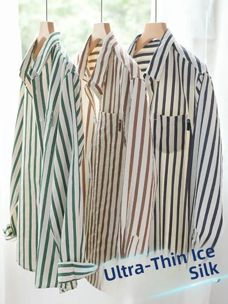 

Мужской Long Sve Striped irt Ice Silk, тонкий летний солнцезащитный крем, свободный крой, молодежный тренд k, складка UPF50+, китайское производство