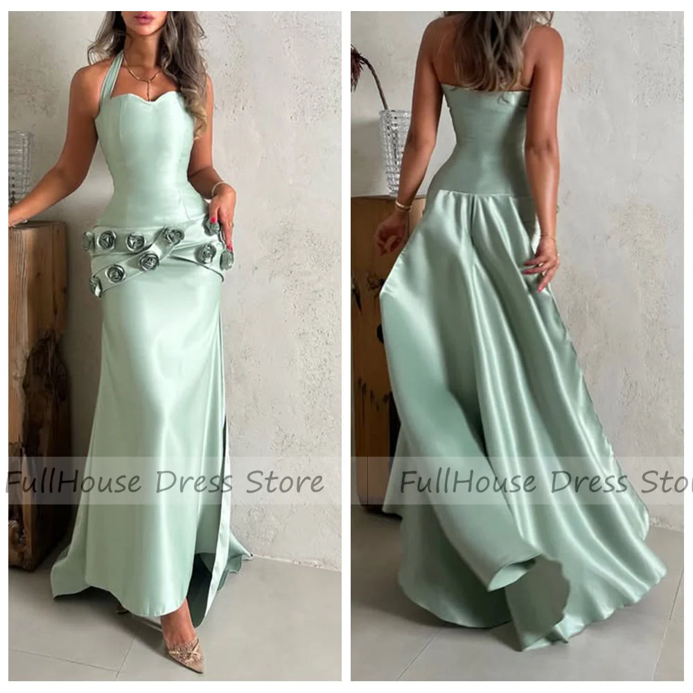 

Custom Made Spaghetti Straps Solid Floor Length Backless Saudi Arab Gown Train Pleated Evening Dress with Handmade Flowers