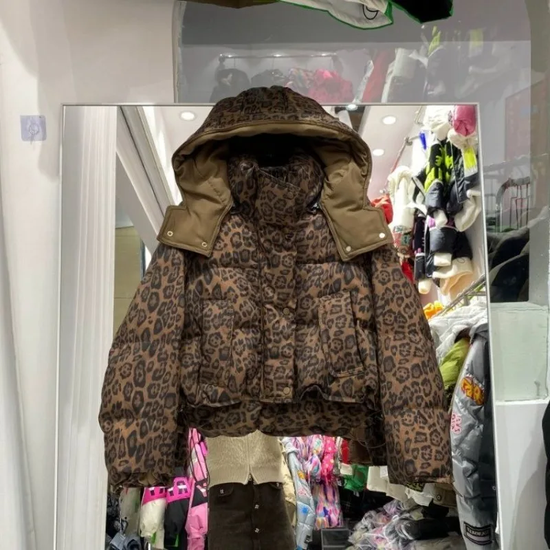 

Women's Leopard Print Down Cotton Jacket Winter Warm New Fashion Loose Cotton Jacket Hooded Cropped Jacket Long-sleeved Top