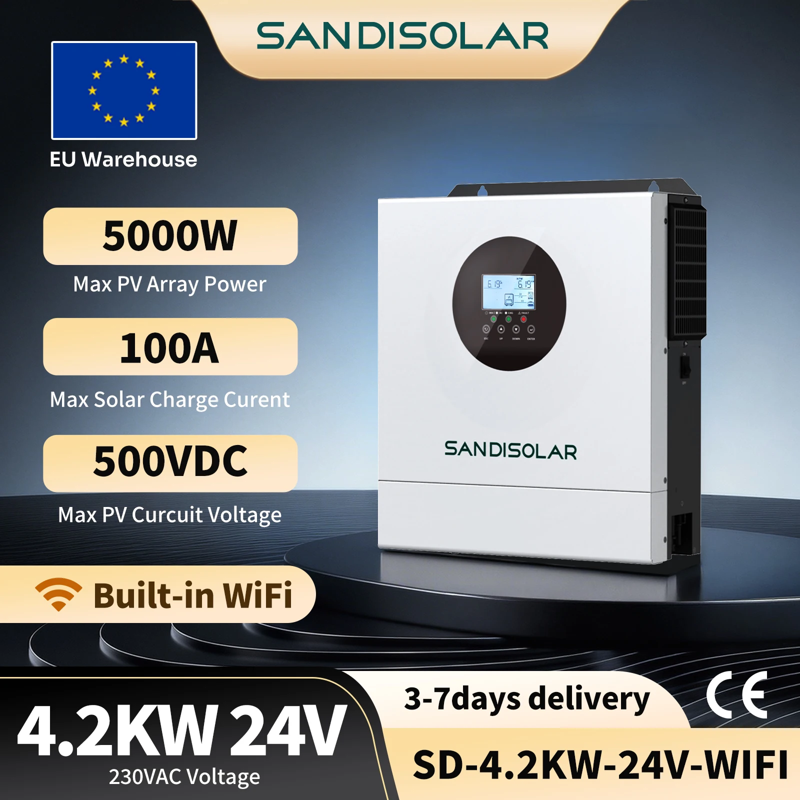 SANDISOLAR Onduleur Solaire Hybride 4.2KW Onde Sinusoïdale Pure 4200W 24V 230V Hors Réseau Chargeur MPPT 100A WIFI Entrepôt UE