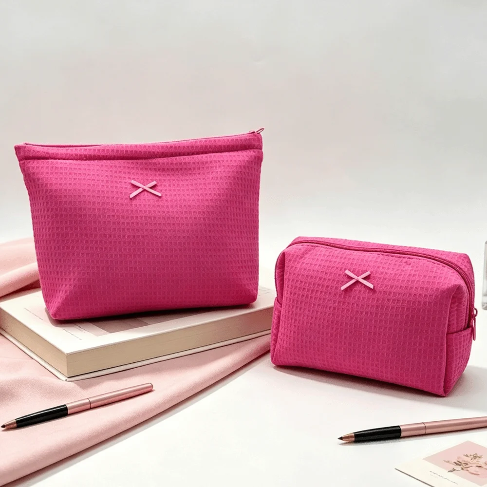 Cute Bow Decor Waffle Knit Makeup Bag Zipper Large Capacity Cosmetic Bag Portable Polyester Toiletry Organizer Travel
