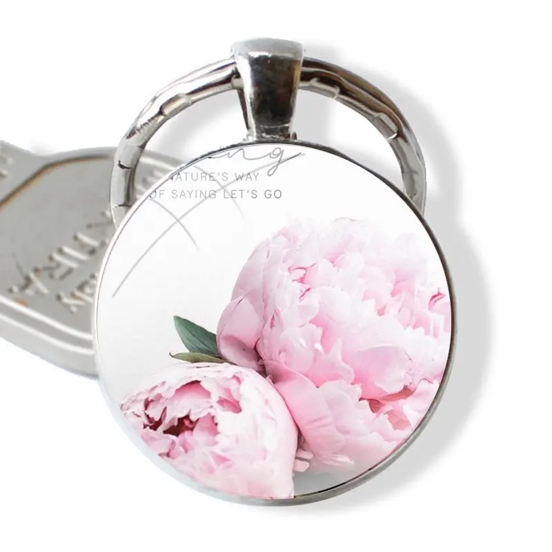 Keychain Handmade Glass Cabochon Key Ring Holder Pendant Key Chains Rose and Peony