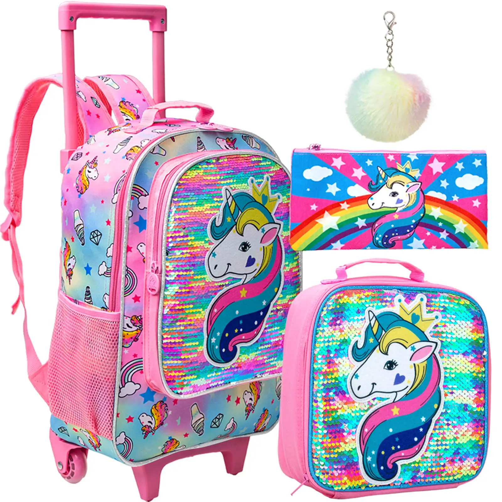 3PCS Rolling Backpack for Girls Kids Roller Wheels Bookbag  with Lunch Bag Pink Unicorn Glow-in-the-dark Function