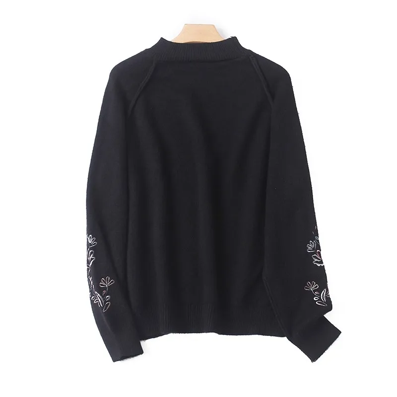 

Женский вязаный свитер с длинным рукавом и вышивкой, осенне-зимний, новый стиль, плотный, с маленьким воротником-стойкой, базовая кофта