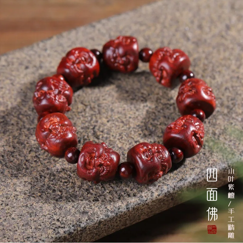 Natural Small Leaf Red Sandalwood Carved Buddha Bead Bracelet Pixiu Handheld Dragon Phoenix Auspicious Jewelry