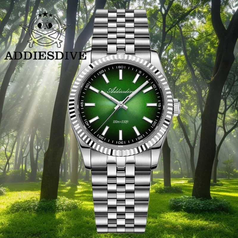 

ADDIESDIVE Men Diving Watch Jubilee Strap Sapphire Glass 10Bar Waterproof VH31 Quartz Watch reloj hombre BGW9 Super Luminous