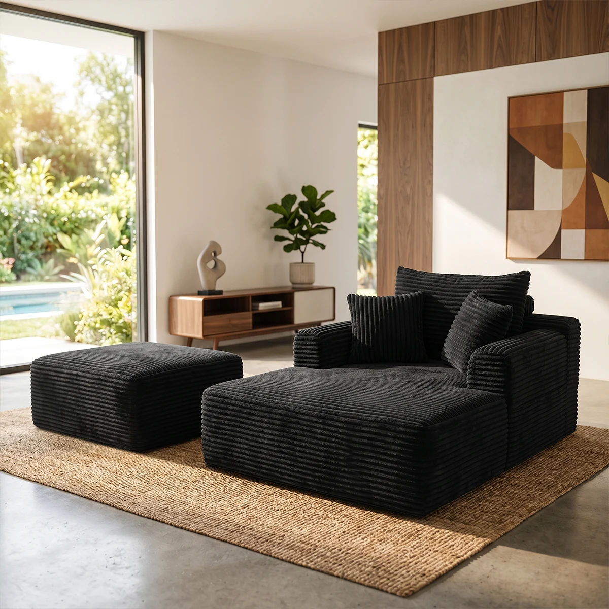 

61" Oversized Chaise Lounge Chair with Removable Ottoman Indoor, Corduroy Boneless Chaise Lounge Chair, Cloud Deep Seat Comfy Reading Sleeping Sofa Bed with Footstool