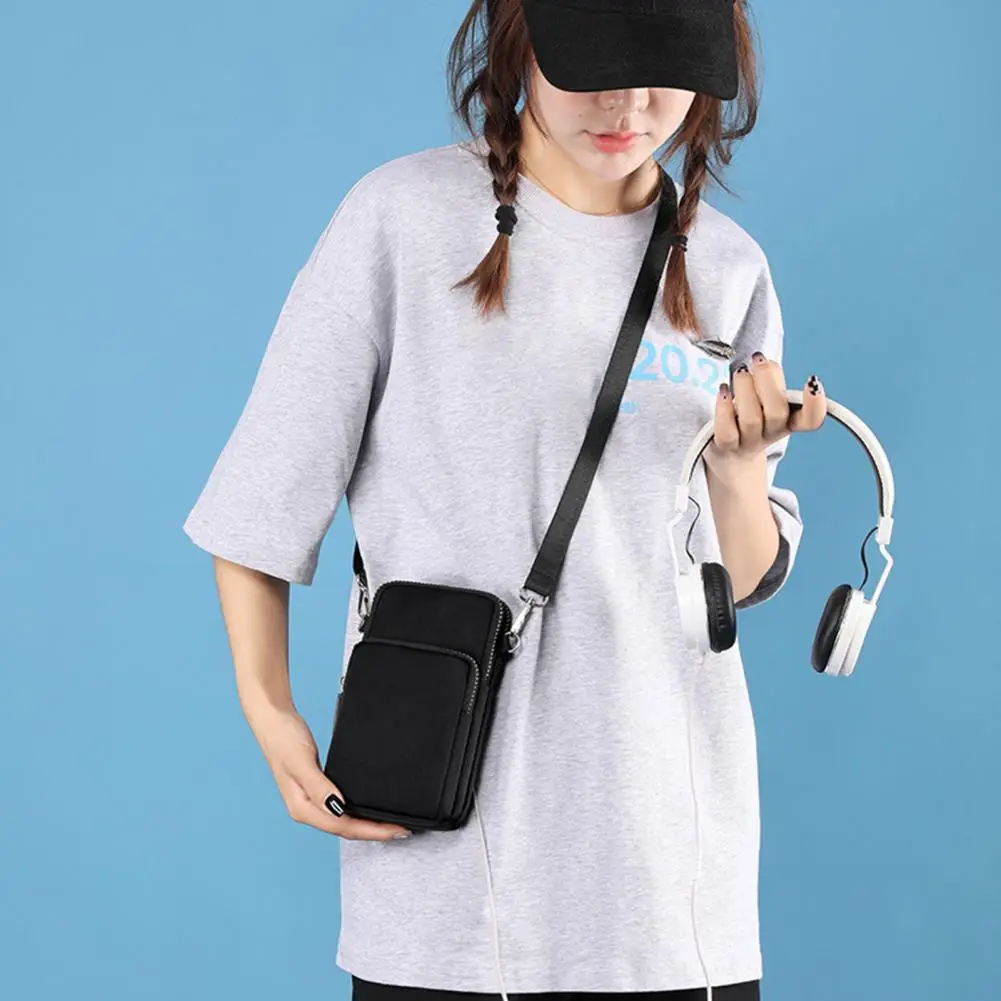 Women Men Mobile Phone Bag Multi-pockets Zipper Adjustable Nylon Strap Small Solid Color Crossbody Wallet Shoulder Bag