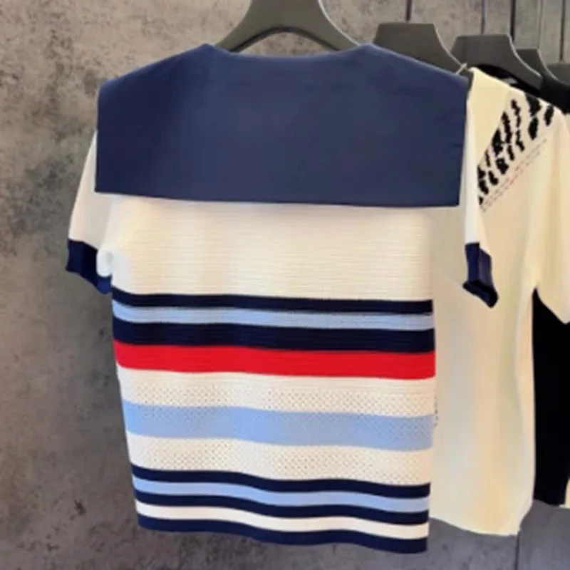 المألوف Preppy نمط بحار طوق محبوك القمم الصيف جديد خمر مخطط البلوفرات المرأة فضفاضة تي شيرتات قصيرة الاكمام