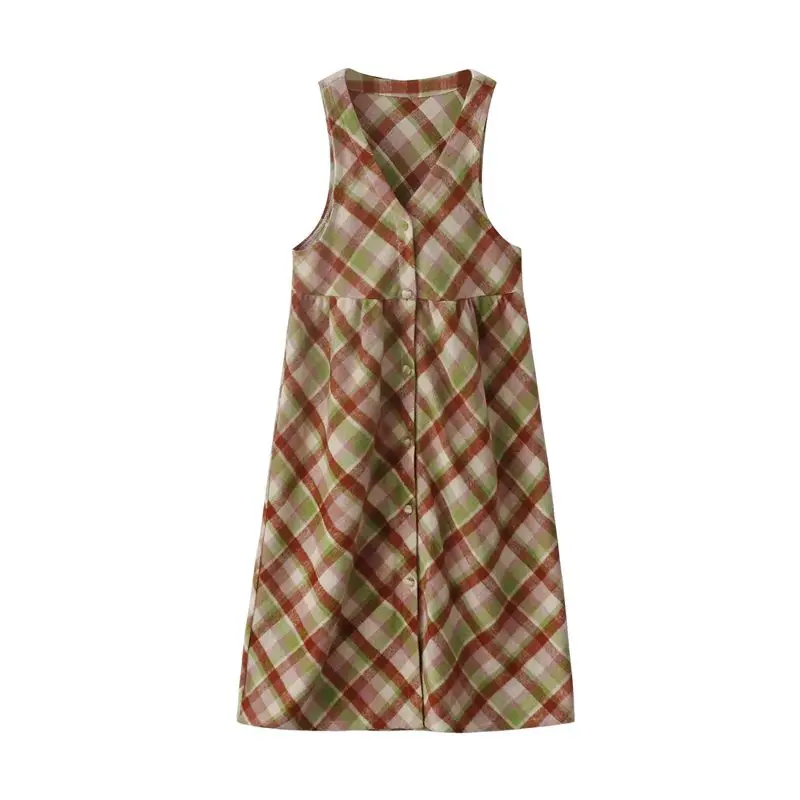 Autumn Winter New Forest Style Contrast Plaid Woolen Vest Dress Women V-neck Sleeveless A-line Single-breasted Tank Tops Dresses